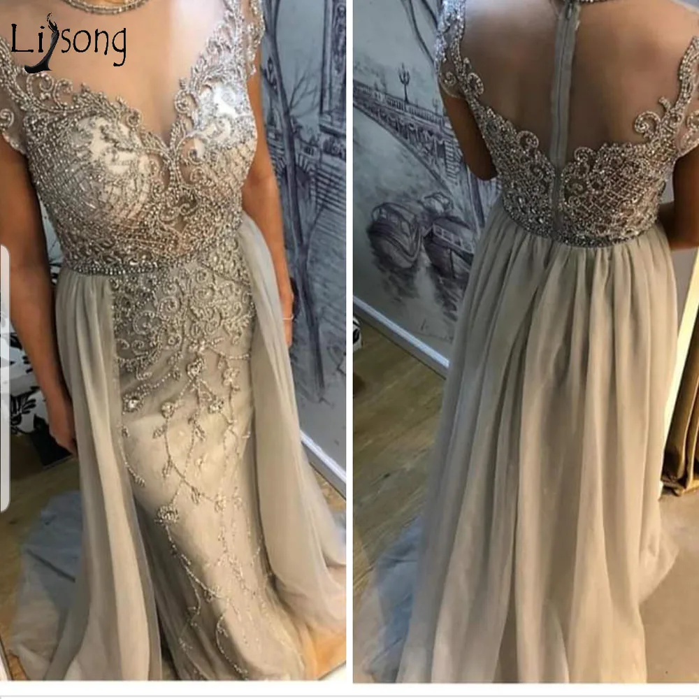 Роскошное серое платье для выпускного вечера с бисером и юбкой годе Длинные