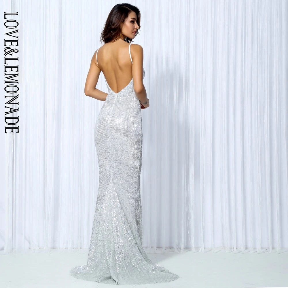 Женское длинное платье LOVE & LEMONADE серебристое эластичное с блестками модель