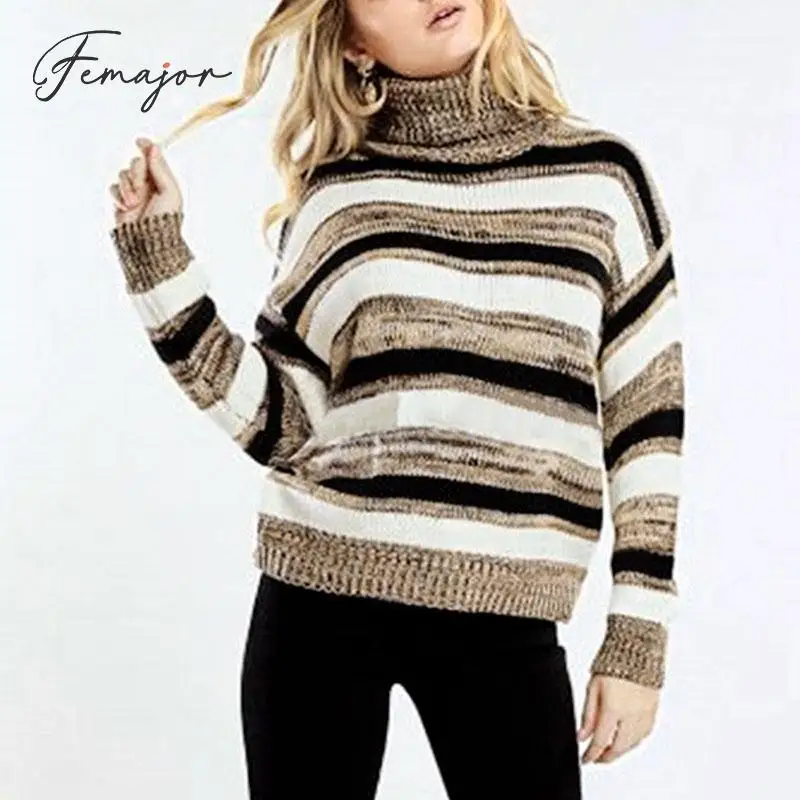 Femajor Women Autumn Winter Turtle Neck Sweater Female 2019 Fashion Stripe Knitted Tops Mujer Loose Long Sleeves Pullover Jumper | Женская