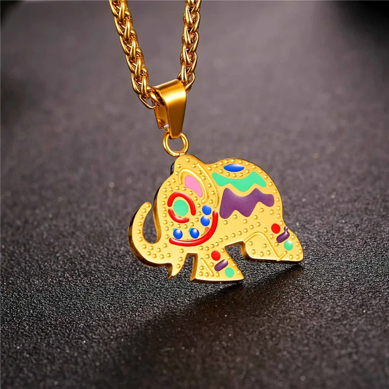 Милый слон ожерелье женщин Шарм кулон золотой цвет нержавеющая сталь красочные