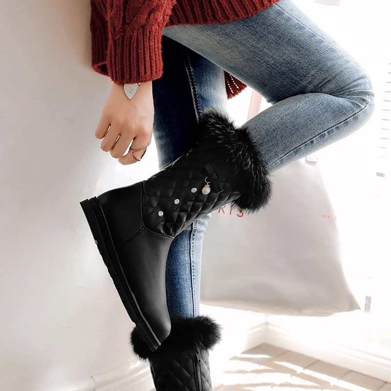 NEW fashion warm Mid-Calf snow boots women round toe soft leather warm Rabbit Fur winter thick fur ladies winter shoes