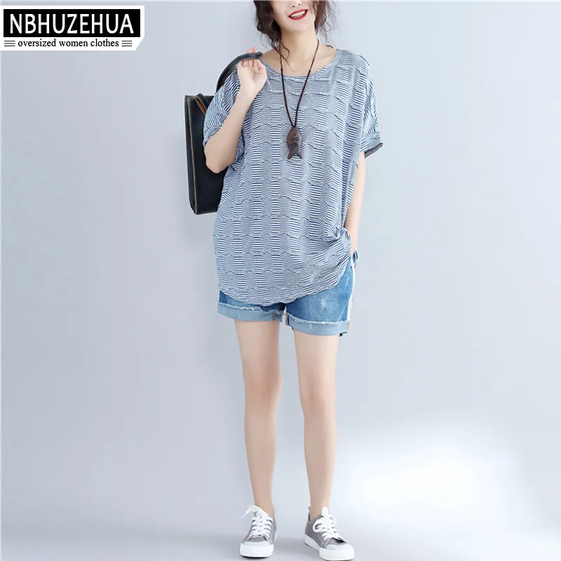 NBHUZEHUA T949 4XL 5XL 6XL Летняя женская футболка с круглым вырезом в полоску хлопковая