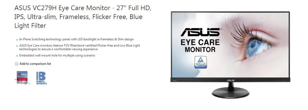 ASUS VC279H Eye Care Monitor-27 Full HD, ips, ультратонкий, Бескаркасный, без мерцания, фильтр синий светильник