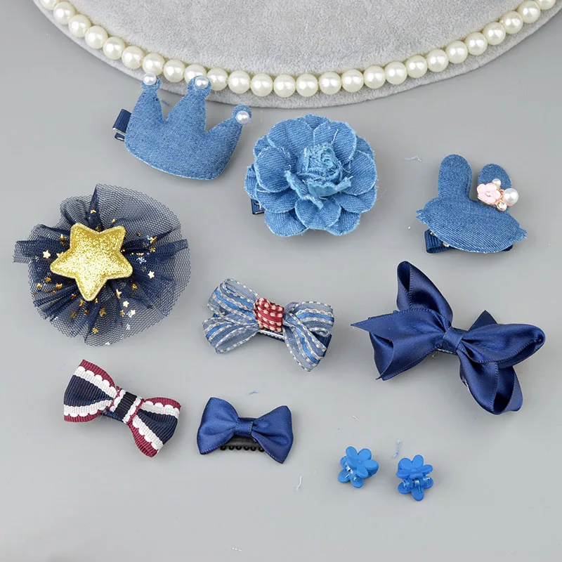 10 Pieces old blue 1 комплект цветок Дети Детские аксессуары заколки младенец, ткань лук цветок Головные уборы заколки для волос головной убор A7 - Цвет: 10 Pieces old blue