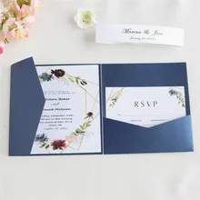 Синие свадебные открытки Пригласительные свадебные открытки с конвертом RSVP лента для живота печать на заказ 50 шт