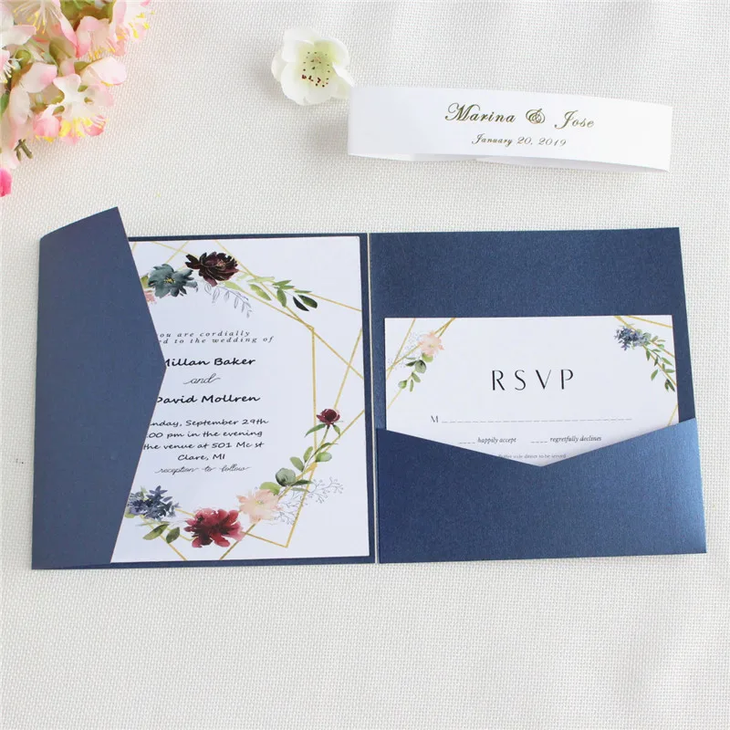 Синие Свадебные Открытки приглашение брак с конверт RSVP живота группа заказной