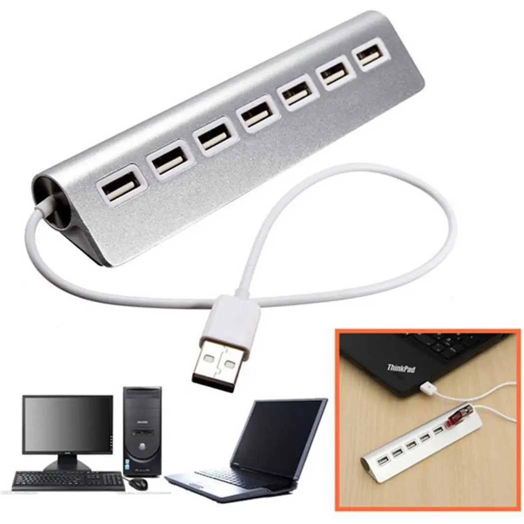 Новый USB2.0 хаб семь рот Серебряный алюминиевый кабель сплав Материал
