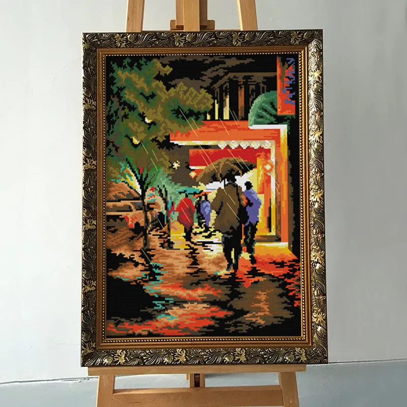 

Rrainy night view Cross Stitch Kits Streetscape Printed pattern Chinese Embroidery Needlework Cross-stitch set Canvas Handmade