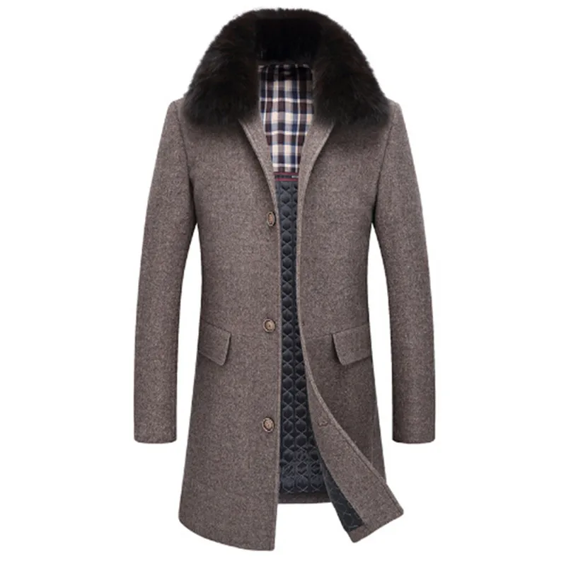 2018 autumn winter men's fashion cotton and thickening coats high-end leisure fox fur collar pure color in the long wool coat | Мужская