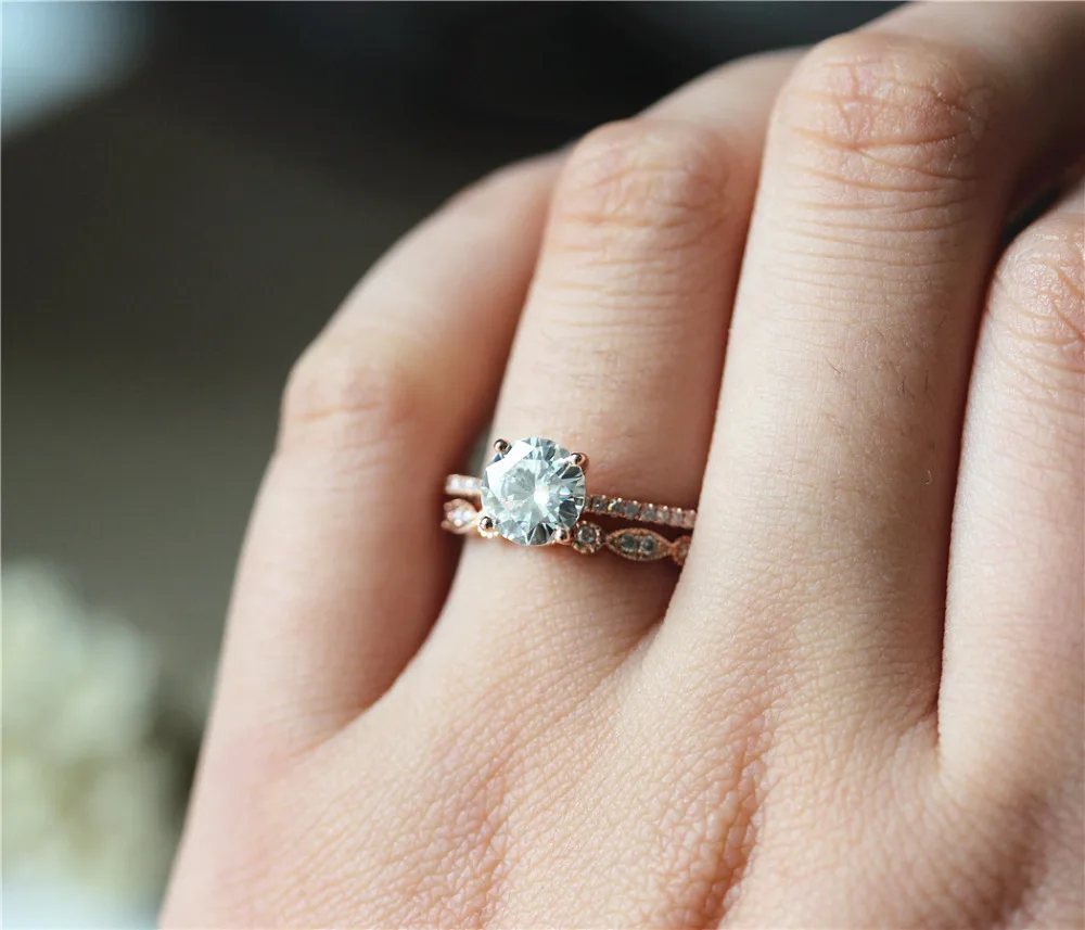 

DUPUY 14K Rose Gold Engagement Ring Set 7.0mm Round Cut Forever One Brilliant Ring Art Deco Full Eternity Diamonds Wedding Ring