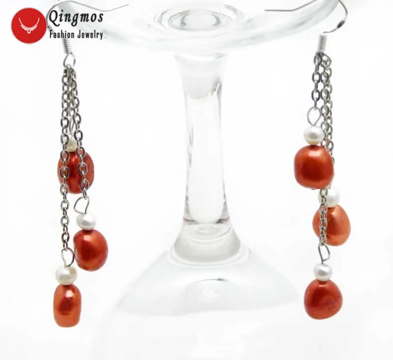 Qingmos 3 Pieces Natural Pearl Earrings for Women with 7-9mm Light Pink Baroque Freshwater Dangle 3&quot Jewelry e549 | Украшения и