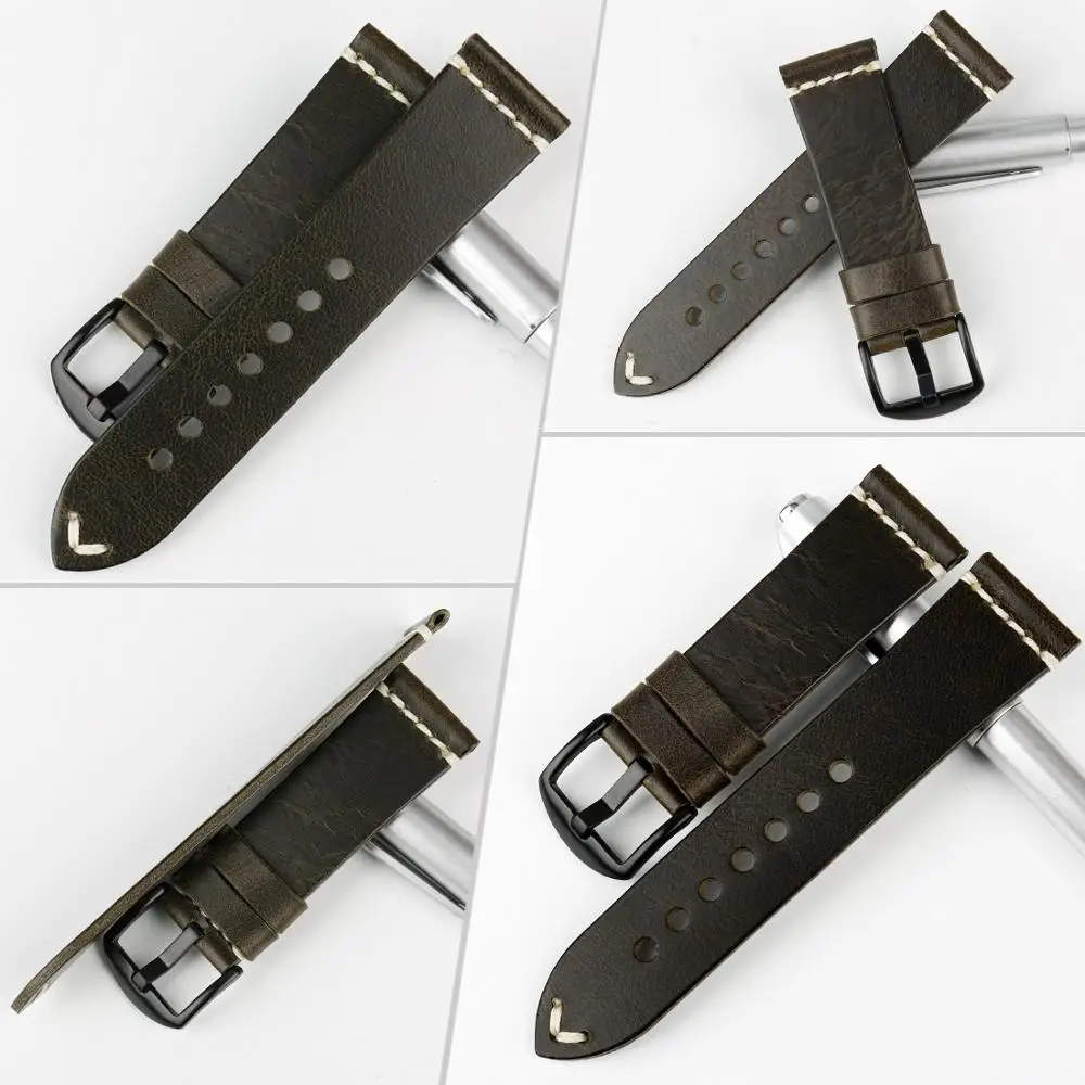 MAIKES High Quality Vintage Green Leather Watch Band Stainless Steel Pin Buckle 22mm 24mm Watch Accessories Watch Strap Bracelet