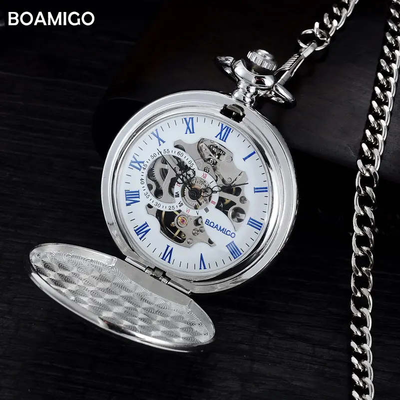 FOB мужские карманные часы модные механические часы BOAMIGO Бренд Скелет римские цифры часы серебряный дизайн часы reloj hombre