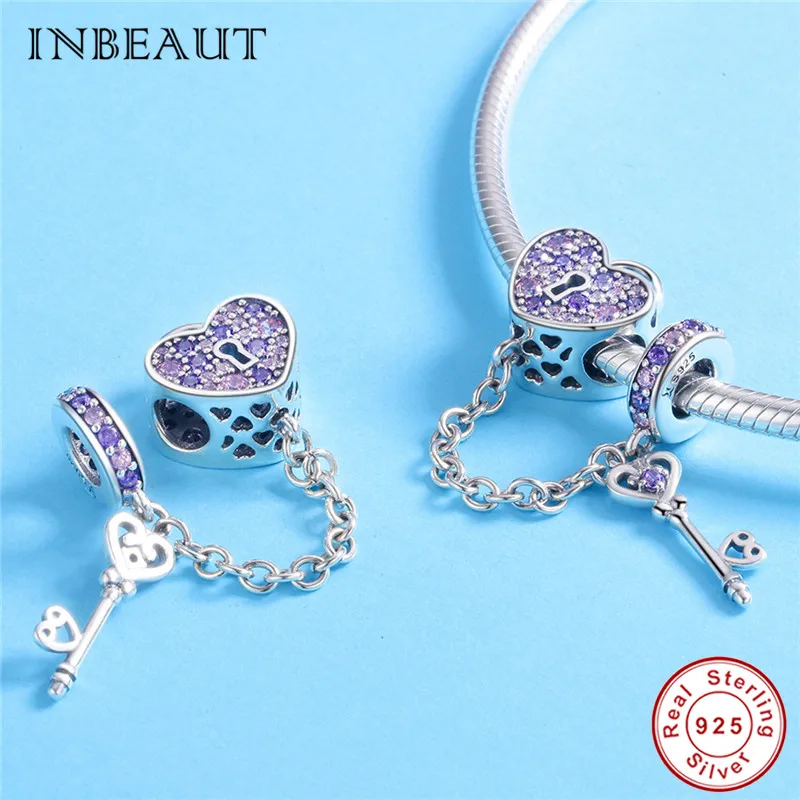 INBEAUT Foerver Love 925 пробы Серебряная цепочка для ключей с сердцем розовый и фиолетовый
