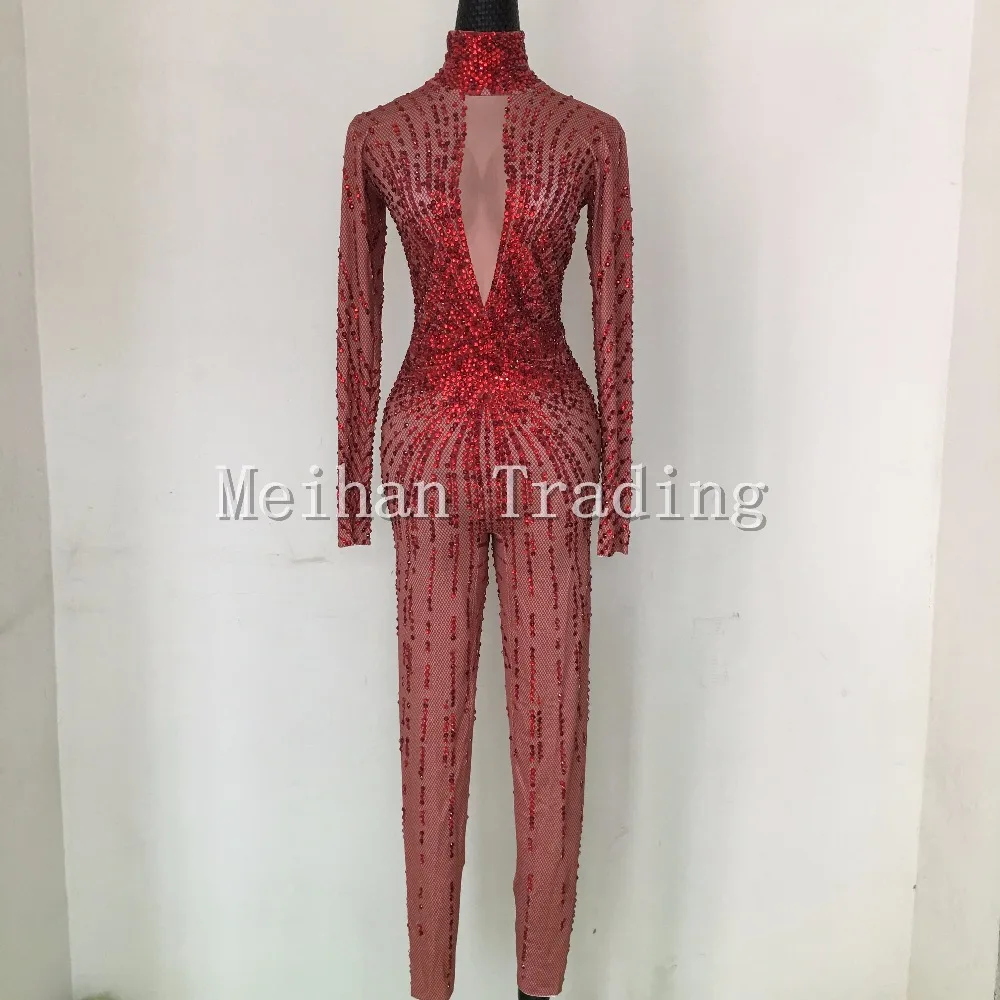 Fashion Sexy Red Crystals Bodysuit Nightclub Show RomperStage Dance Wear Rhinestones Jumpsuit Costume Female Singer Wear