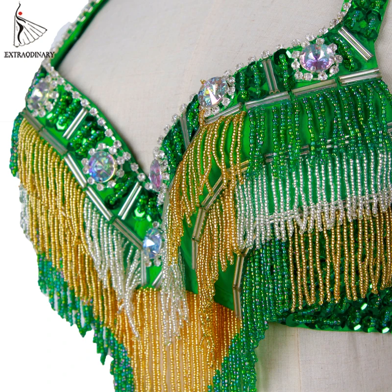 Oriental Women Belly Dance Costumes Set Bra Belt Tassel Beaded Sequined Outfit Clothes Eastern Style Top And Hip Scarf 2pcs |