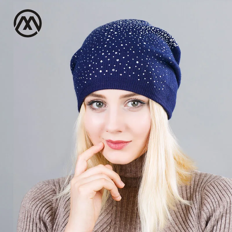 Зимняя женская блестящая шапка с бриллиантом Вязаная Шерстяная Beanie Женская