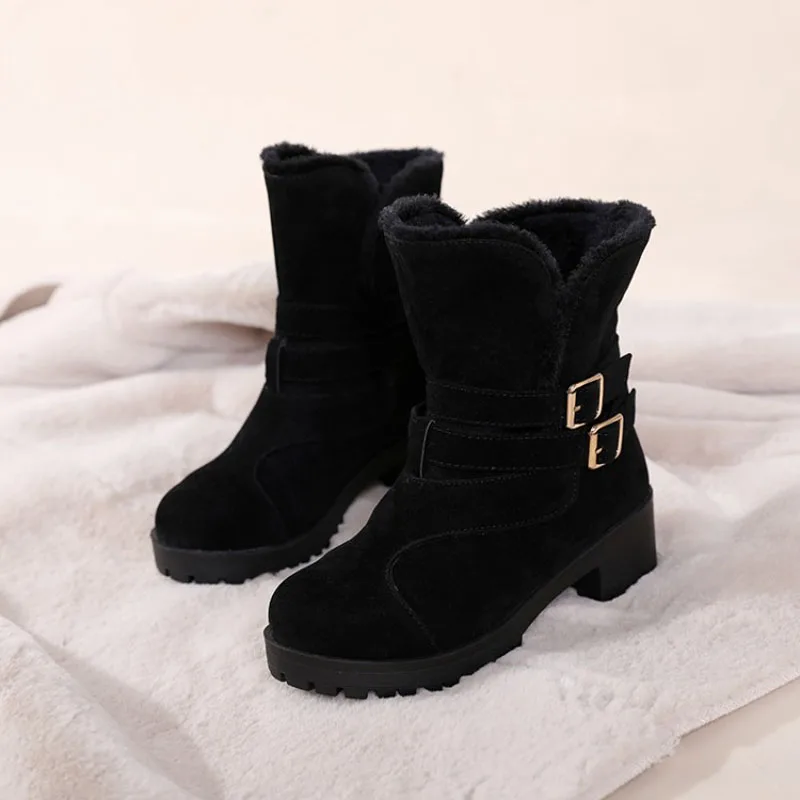 

Winter Women Ankle Short Chelsea Boots Flock Plush Worm Inside Fashion Casual Med Heels Buckle Strap Solid Round Toe