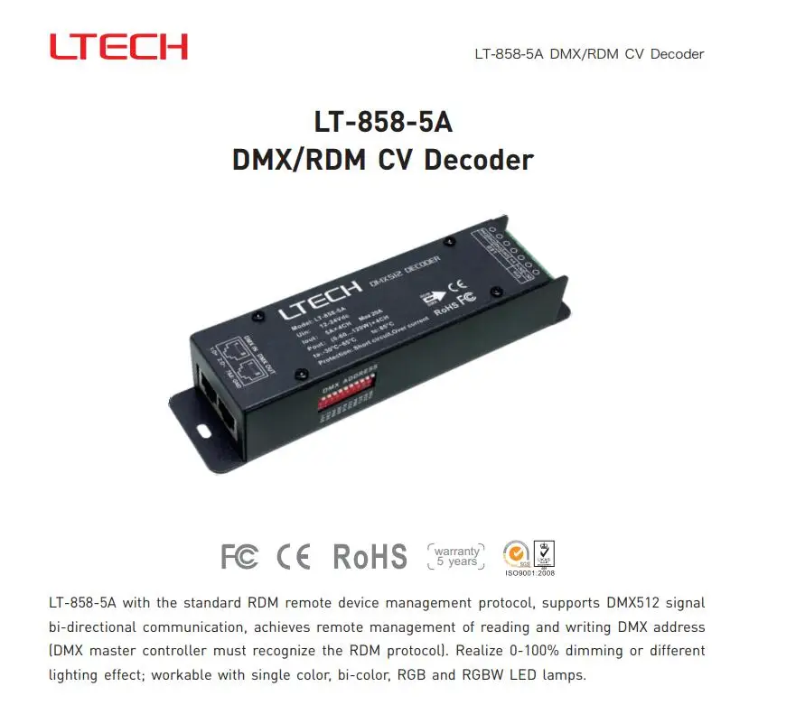 DC12-24V светодиодный контроллер LT-858-5A DMX RDM светодиодный декодер 4CH CV RGBW светодиодные ленты контроллер 5A* 4CH Max 20A RJ45 для Светодиодный светильник лента