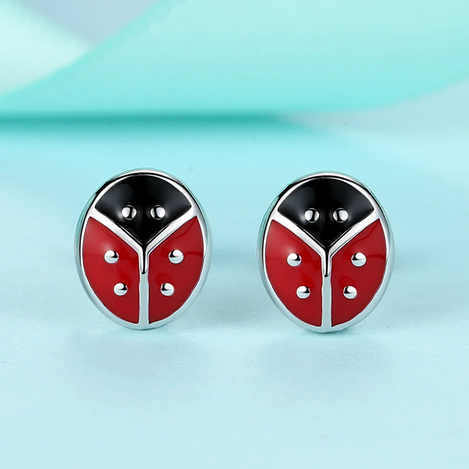 Женские серьги гвоздики с божьей коровкой из серебра 925 пробы|stud earring 925|fashion stud