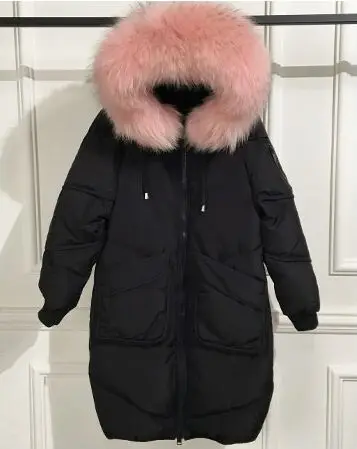 pink fur Большой натуральный мех енота, новинка, зимняя куртка для женщин, с капюшоном, длинный пуховик, парка, пальто для женщин, Толстая теплая куртка на утином пуху, Свободное пальто - Цвет: pink fur