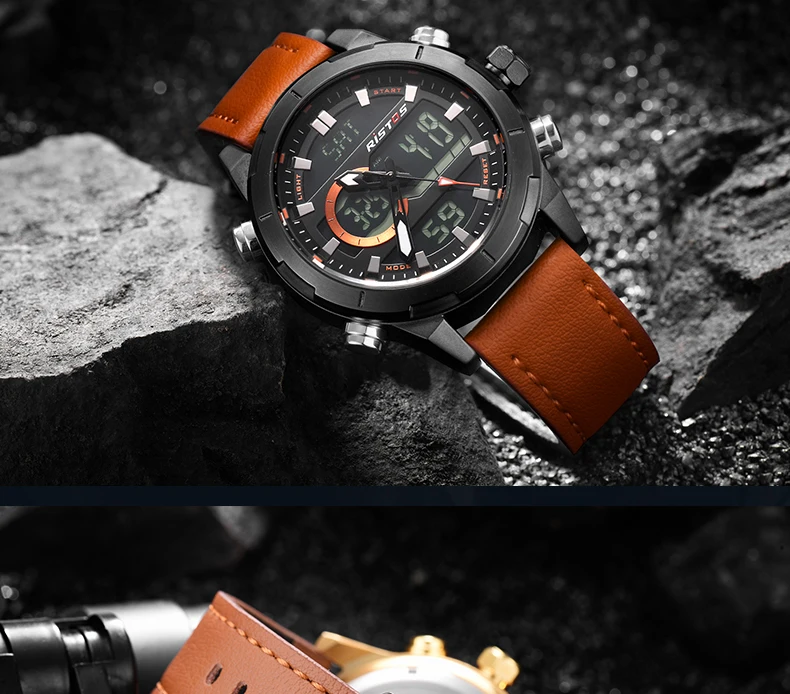 RISTOS кожаные часы Топ бренд Relojes Masculino Hombre многофункциональный хронограф мужские спортивные аналоговые цифровые модные часы 9342