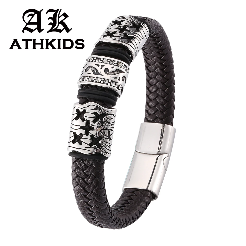

Vintage Men Brown Braided Leather Bracelet Stainless Steel Magnetic Clasp Bangles Fashion Punk Male Jewelry Gifts pulsera PD0121