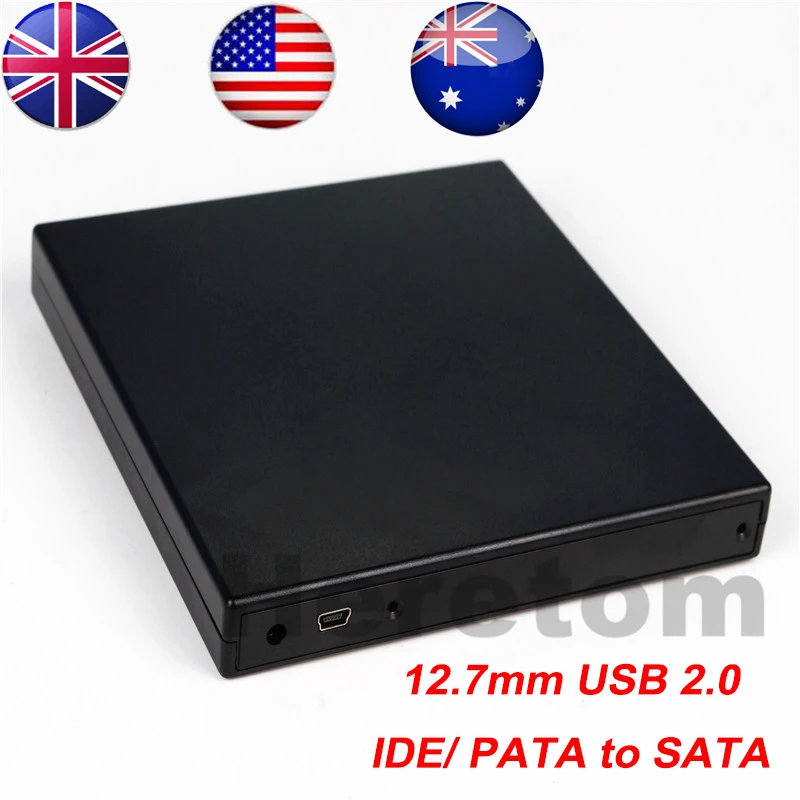 

US/UK/AU Shipping 12.7mm USB 2.0 External DVD/CD-ROM Case , IDE/ PATA to SATA Optical Drive External DVD Enclosure For Laptop