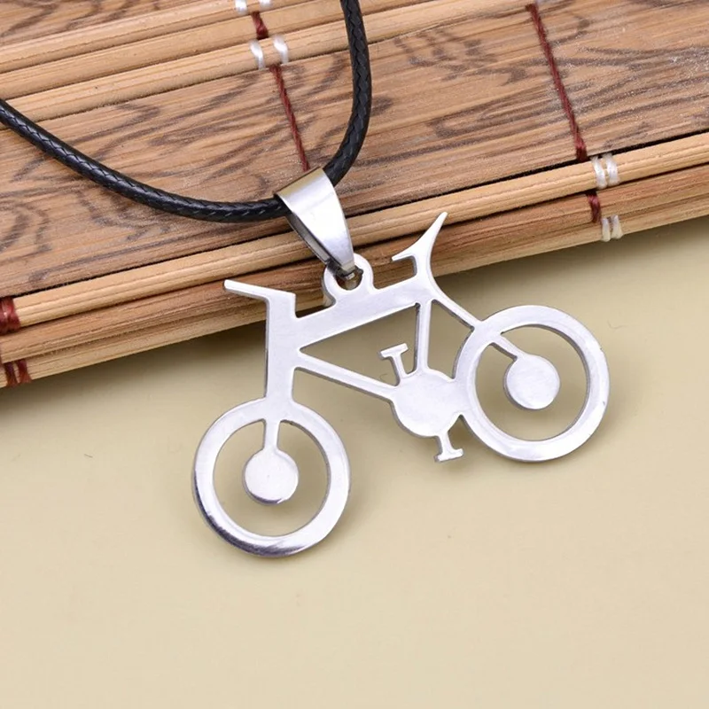 

New Fashion Women Men Cycling Jewelry Bike Bicycle Pendants Necklaces 316L Stainless Steel Leather Chain Men's Necklaces