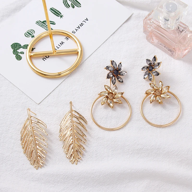 AE-CANFLY European Trendy Metal Leaf Crystal Flower Geometric Drop Earrings Female Dangle Statement for Women | Украшения и