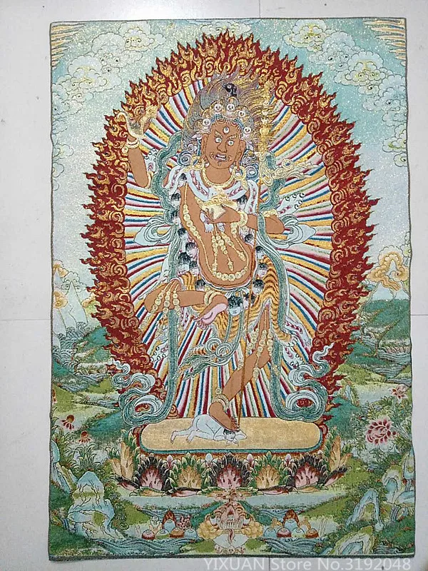 

Knitted embroidery Tangka empty handicraft. Religious embroidered murals.