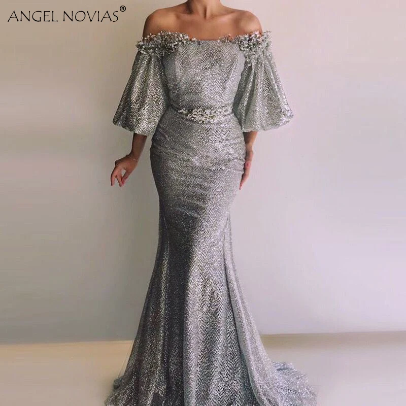 Женское вечернее платье ANGEL NOVIAS серебряное блестящее с русалочкой Abendkleider на