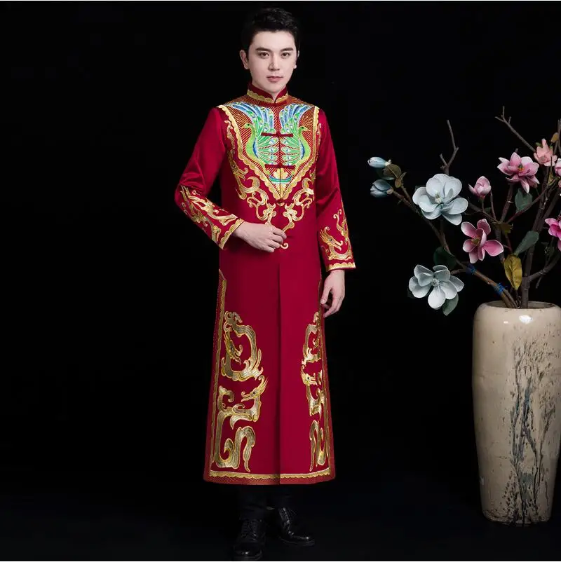 Азиатский элемент мужские костюмы Тан куртка + халат традиционный свадебный