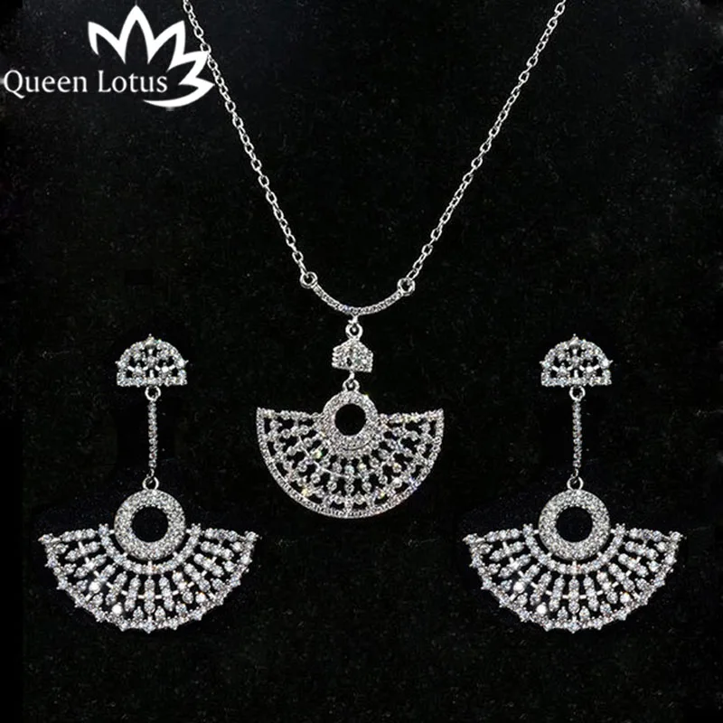 Queen Lotus Новинка Высокое качество AAA циркониевый Вентилятор Форма ожерелье + серьги