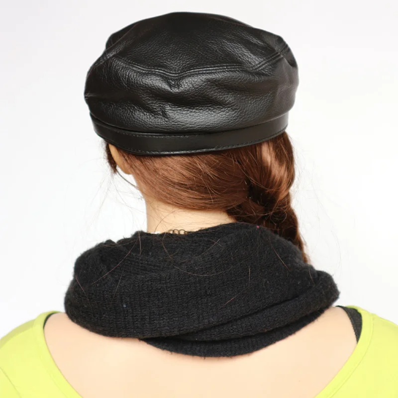 Star style Real deerskin leather plat top hat black military cap for unisex male and female winter leisure accessories S483 |