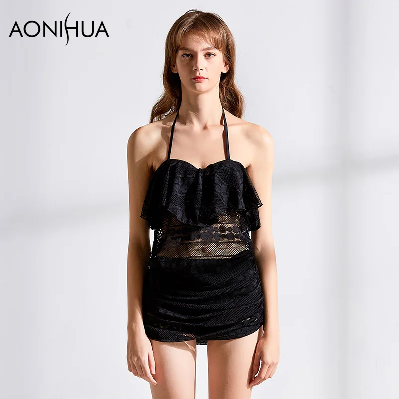 AONIHUA бикини топ комплект из двух предметов однотонное кружевное сексуальное