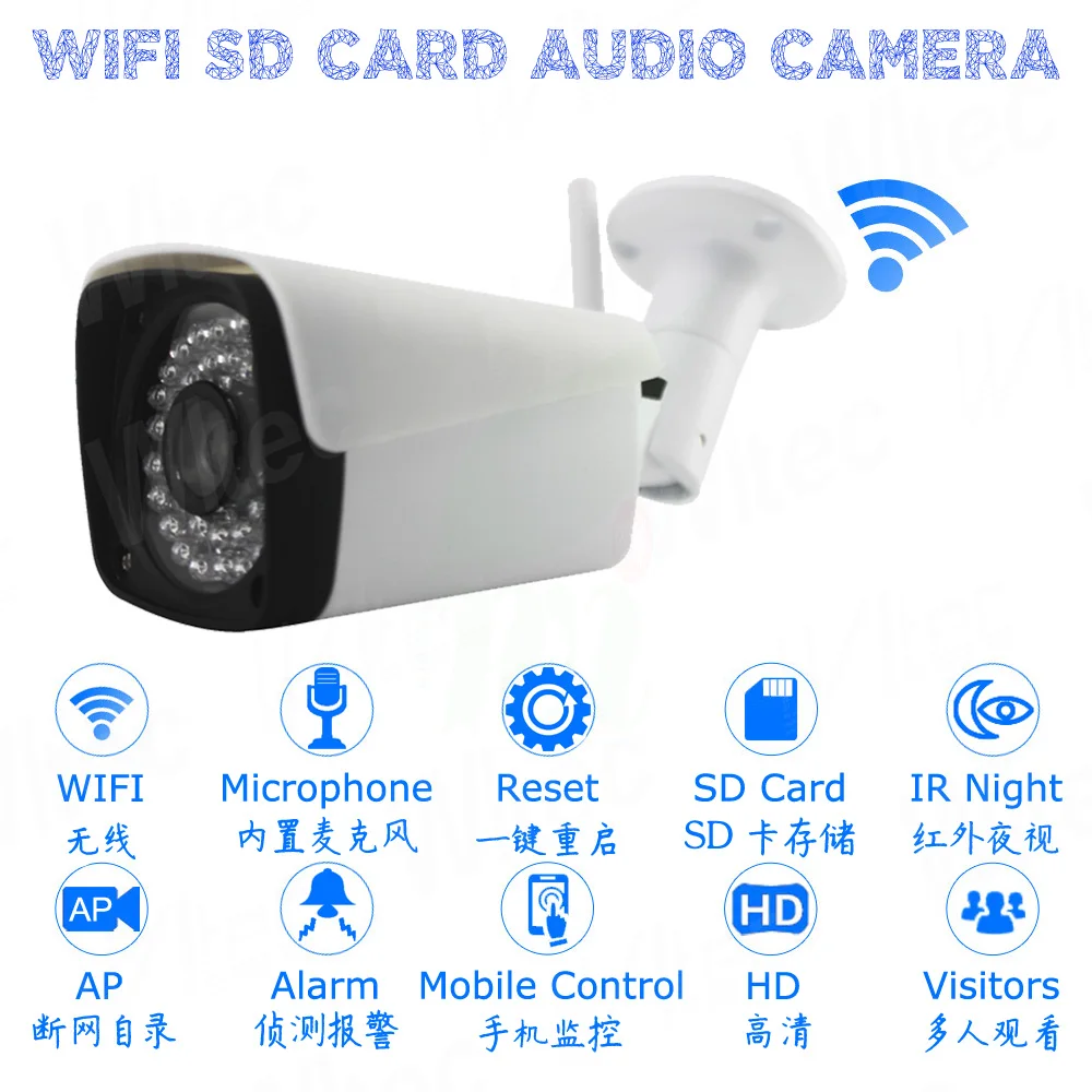 Беспроводная ip камера аудио сброс 128G sd карта WIFI 1080P IR Cam Водонепроницаемая пуля ONVIF