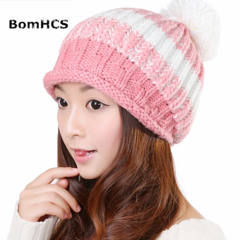 

BomHCS Sweet Autumn Winter Women Wool Handmade Knit Hat Lady Elastic Fashion Simple Ear Muff Knitted Beanie Hats Cap