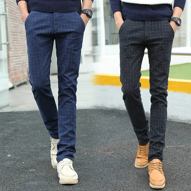 Мужские Slim Fit Повседневное Бизнес штаны в клетку из хлопка с флисовой подкладкой