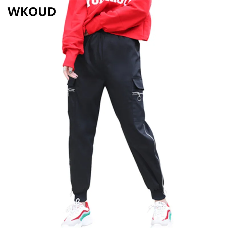 

WKOUD Women Cargo Pants With Pocket 2019 Fashion Loose Streetpants Hiphop Ankle-length Pants Black Sweatpants Trousers P8985