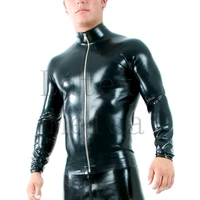 novelty latex top zipper men long sleeve latex shirt in solid black color with 100 handmade