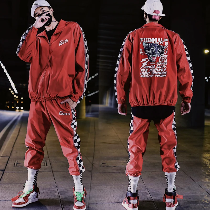 

2 Pieces Sets Men Color Block Patchwork Jacket And Loose Fit Elastic Waist Pants Hip Hop Mens Tracksuit Sweatsuits Streetwear