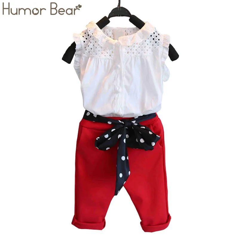 Humor Bear/Новая летняя одежда для детей модная одежда для девочек кружевные Белые блузы+ красный 7 Minutes Of Pants/Костюмы комплект Детские комплекты одежды - Цвет: red
