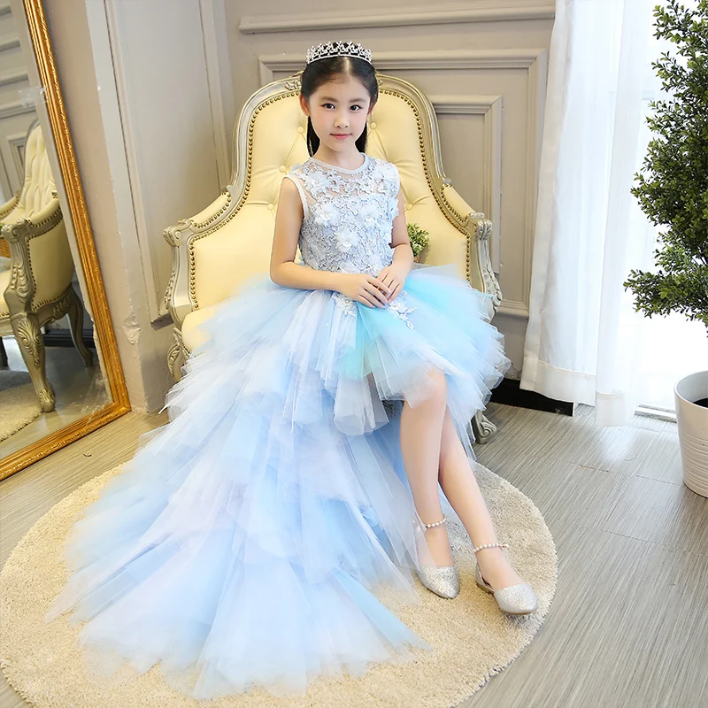 Children baby flower girl formal evening tail dress ball gowns prom wedding bridesmaid kid clothes beautiful princess party Blue | Детская