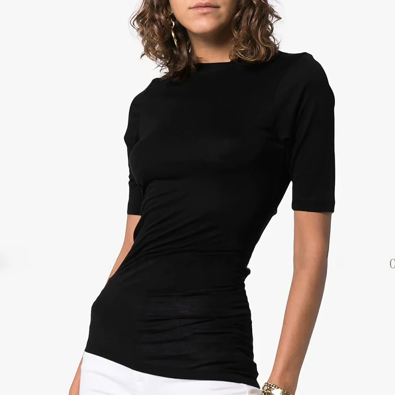 TWOTWINSTYLE летняя Корейская однотонная женская футболка с круглым вырезом и коротким рукавом, тонкие топы с рюшами, женская модная одежда, новинка