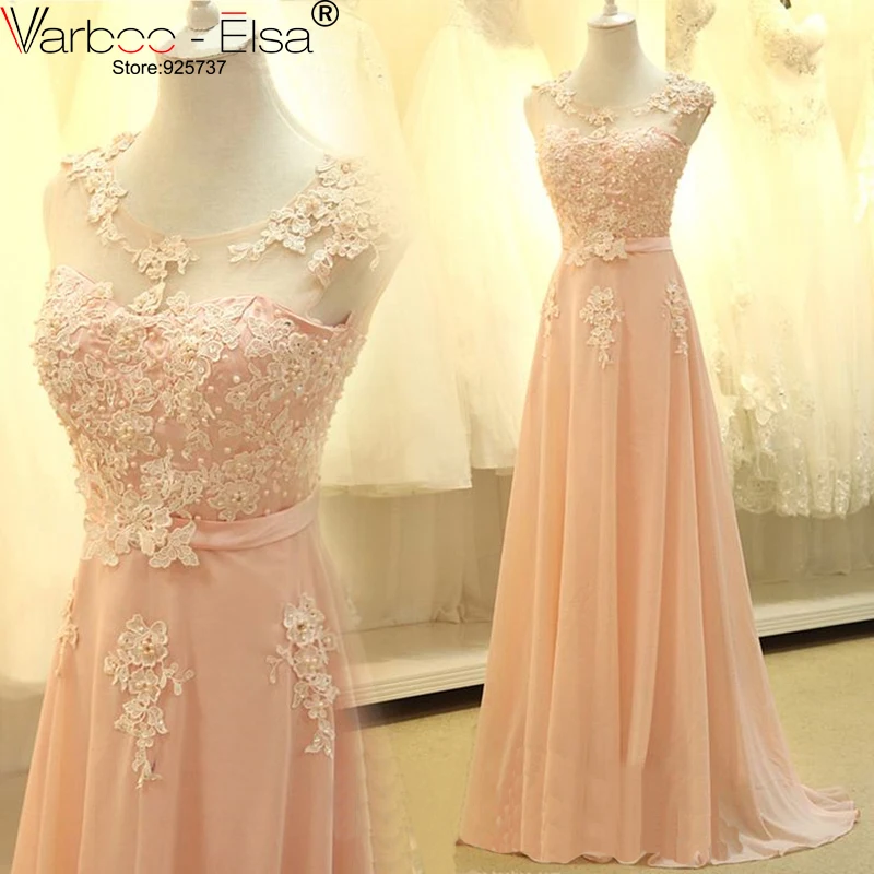 2018 elegant new design pink evening dress a-line long chiffon prom slim round neck lace appliques gowns | Свадьбы и торжества