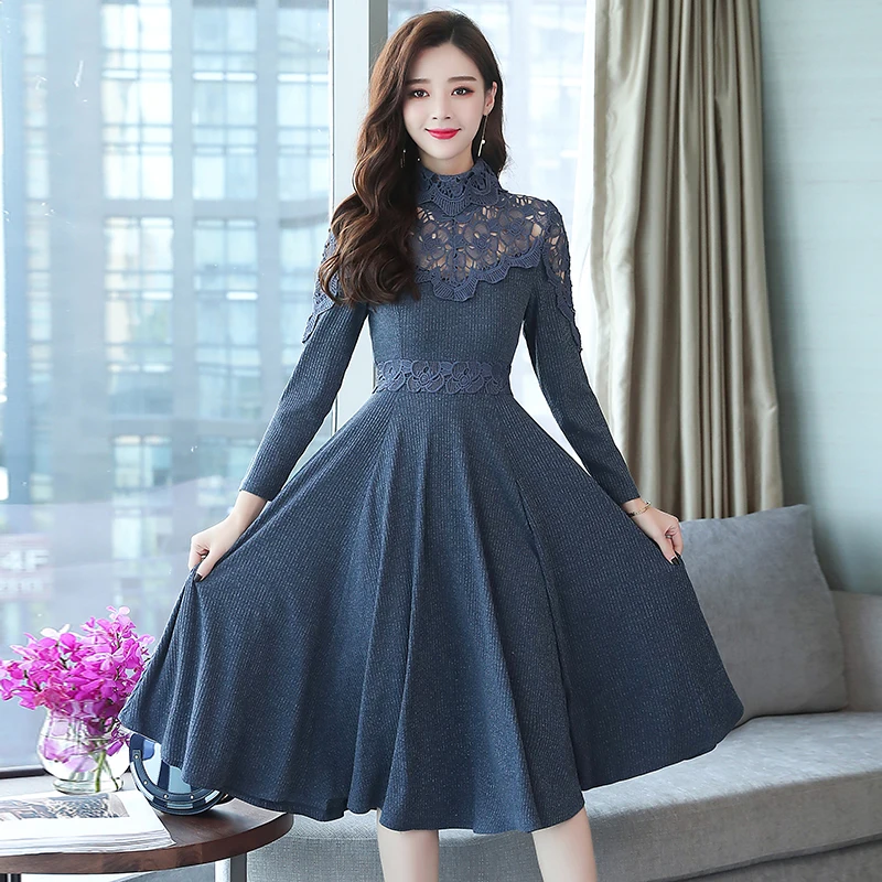

New Winter Autumn Vogue Dress Women Turtleneck Lace Dress Long Sleeve Splicing Dresses Vintage Elegant Lady Outfit Vestidos