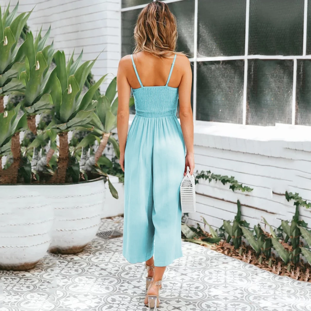 Элегантные женские Комбинезоны на бретельках с вырезом и бантом 2018 Свободные