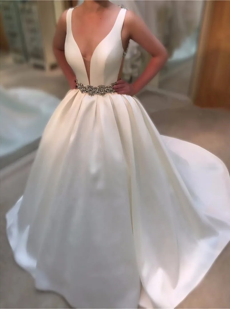 

White Satin Strapless Wedding dress 2017 Simple Dress With Beading Belt Sexy Deep V Neck Elegant Wedding Gowns Vestido De Noivas