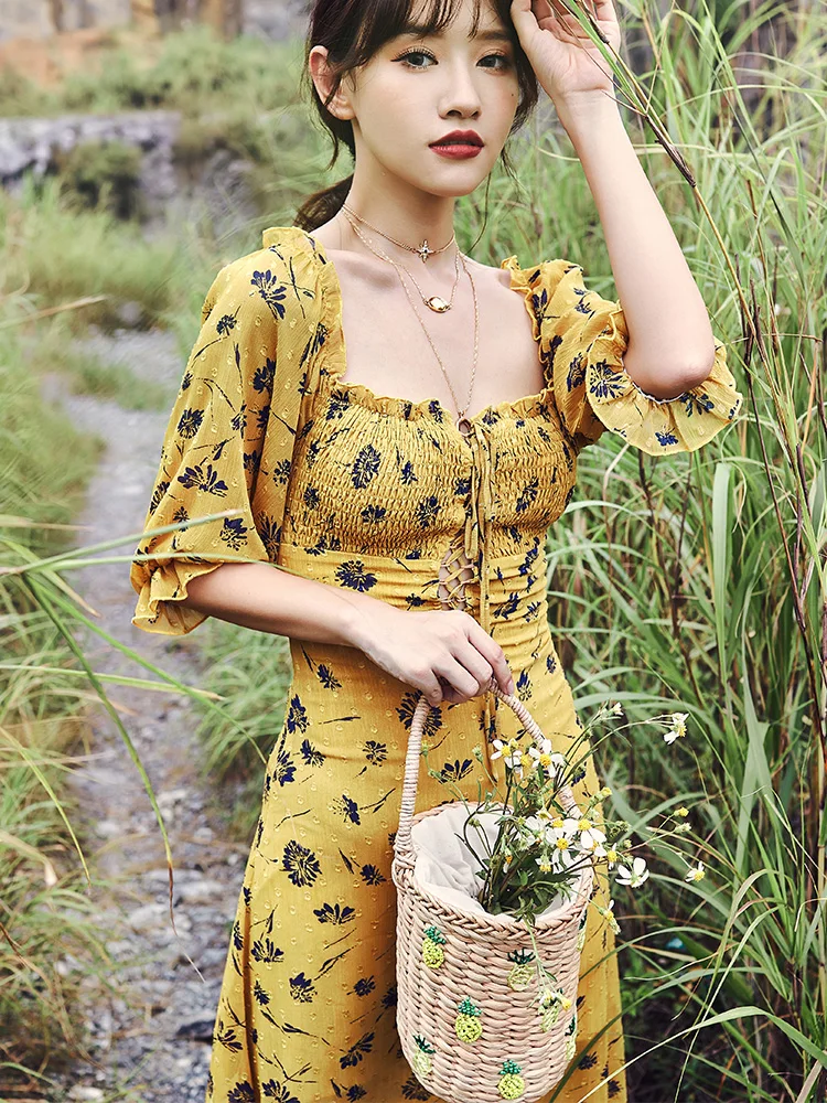 Женское платье с цветочным принтом вырезом лодочкой и шнуровкой | Женская одежда